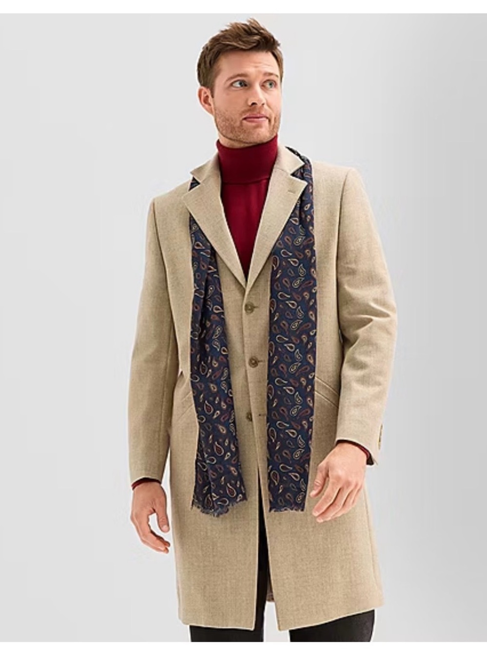 Stafford oatmeal Overcoat with Navy Paisley Scarf size M